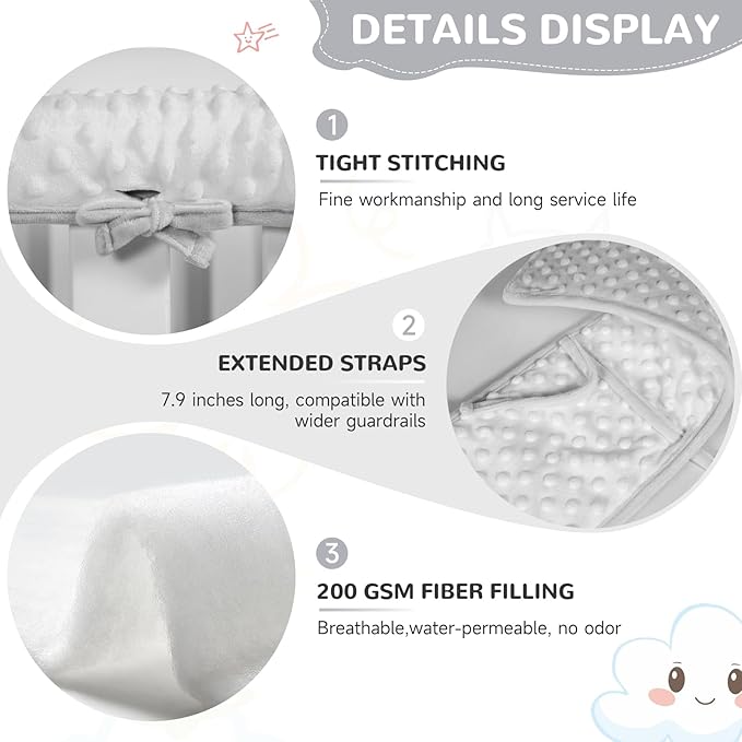Plush Gray 3pcs New Teething Edge Crib Rail Cover&Corner Guard Coverage Straps,Reversible Guardrail Cover Protector for Boys Girls(1 Long 2 Short)
