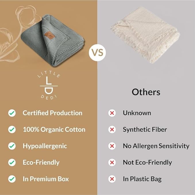100% Organic Cotton GOTS Certified Baby Knitted Blanket with Gift Box - Soft Toddler, Crib, Stroller Blanket - Neutral Swaddle and Receiving Blanket for Newborns, 30"x40", Green