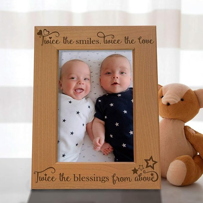 KATE POSH - Twice The Smiles, Twice The Love, Twice The Blessings from Above - Engraved Natural Wood Picture Frame - Twins Photo Frame, Twins Gifts for Babies, Twins Gifts for mom (4x6-Vertical)