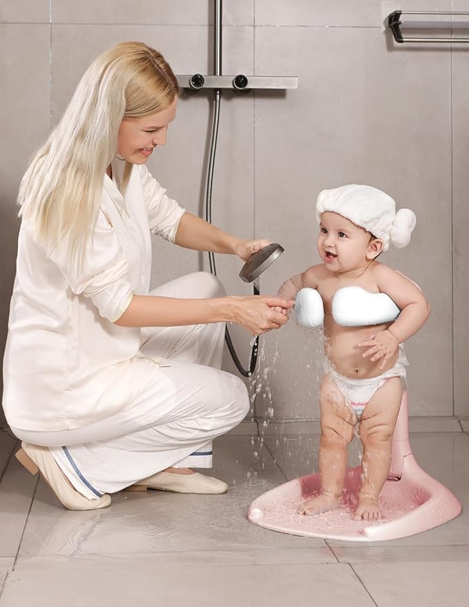 Baby Shower Stand, Baby Bath Support, Shower Standing Support with Adjustable Height and Armrest, Bath Stand with Anti-Skip and Shower Head Holder, Bath Essentials for Infants