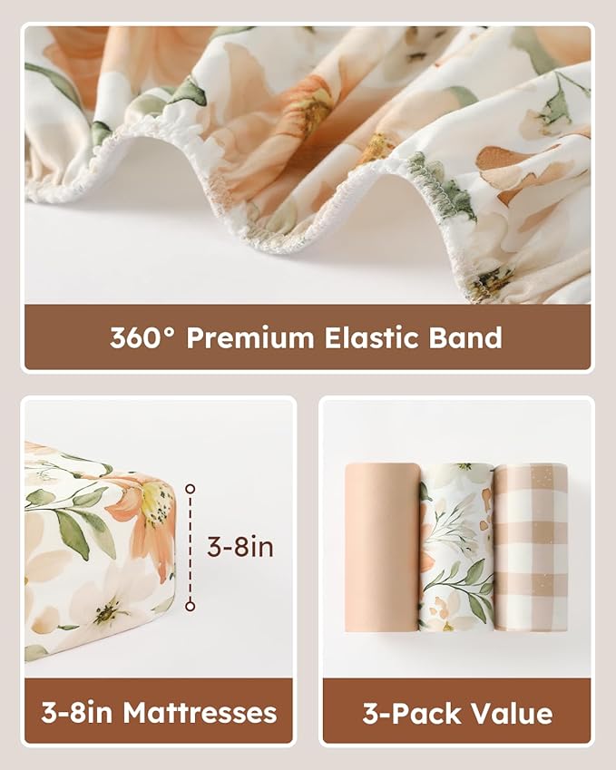 Baby Crib Sheets for Boys Girls, Fitted Crib Sheet Neutral 3 Pack for Standard Crib and Toddler Mattress, Breathable Soft Microfiber Baby Sheet 28x52x8in Orange Flowers & Plaid