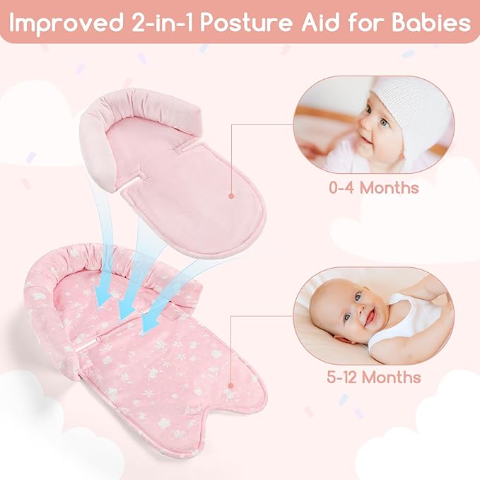 Infant Car Seat Insert & Strap Cover for Baby Girls, 2 in 1 Carseat Head Support Newborn, Ultra Soft Car Seat Cushion for Babies, Plush Fabric, Fit for Swing, Car Seat, Stroller, Bouncer, Pink