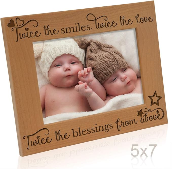 KATE POSH - Twice The Smiles, Twice The Love, Twice The Blessings from Above - Engraved Natural Wood Photo Frame - Twins Picture Frame, Twins Gifts for Babies, Twins Gifts for mom (5x7-Horizontal)