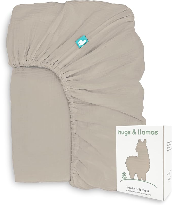 Hugs & Llamas | 100% Organic Cotton Muslin Fitted Sheet | Baby Crib Sheets for Boys & Girls - Neutral (Toasted Almond)