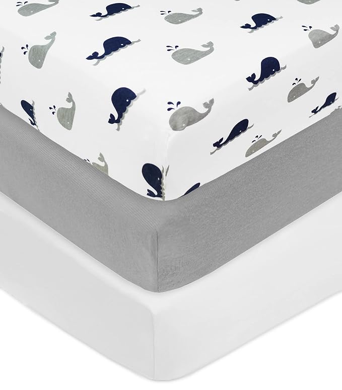American Baby Company 3 Pack 100% Natural Cotton Fitted Crib Sheets 52" x 28" - Soft, Breathable, Hypoallergenic & Gentle Toddler Bed Sheets, Navy Whale/Gray/White, Neutral for Boys & Girls