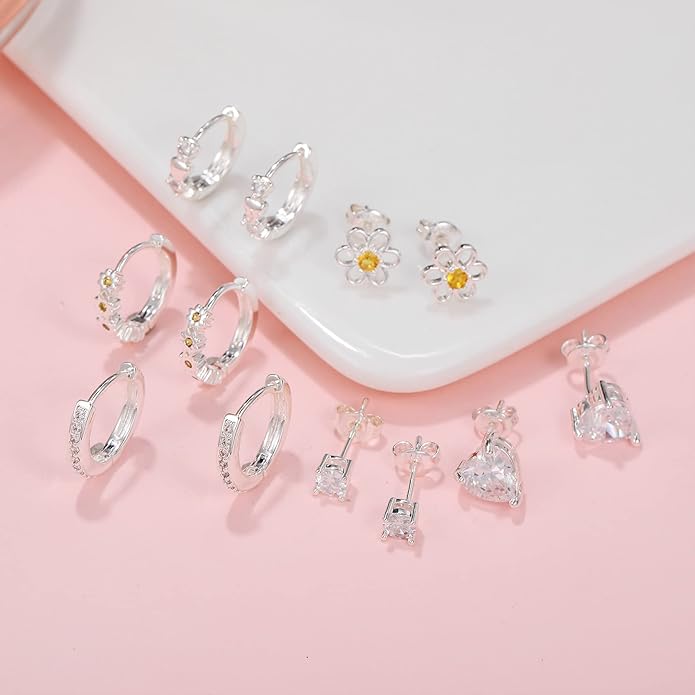 6 Pairs Huggie Hoop Earrings 925 Sterling Silver Stud Sets Cute Heart Hoops Tiny Cubic Zirconia Flower Stud Small Hypoallergenic Cartilage Sleeper Earrings