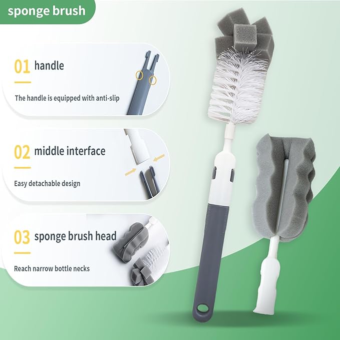 Bottle Cleaning Brush Set, Long Handle Silicone Brush, Detachable Cotton & Nylon Cup Scrubber, Straw Brushes for Baby Bottle, Sippy Cup, Glass Bottle, Tumbler, Tube, Nipple & More