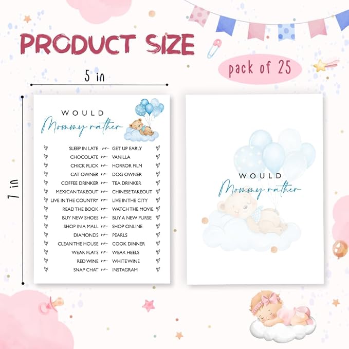 Would Mommy Rather Baby Shower Game, 25 Double-Sided Blue Bear Games for Boys, Interactive Baby Boy Party Supplies, Baby Boy Celebrations - B03
