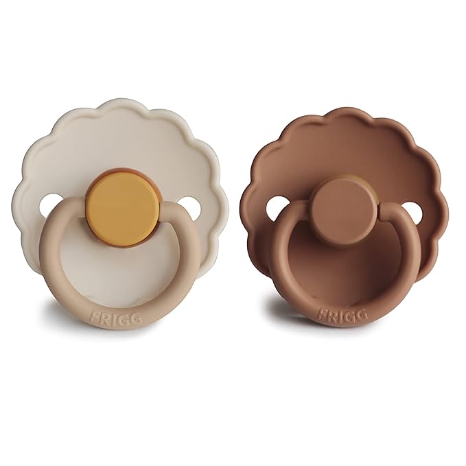 FRIGG Daisy Natural Rubber Baby Pacifier | Made in Denmark | BPA-Free (Chamomile/Peach Bronze, 6-18 Months) 2-Pack