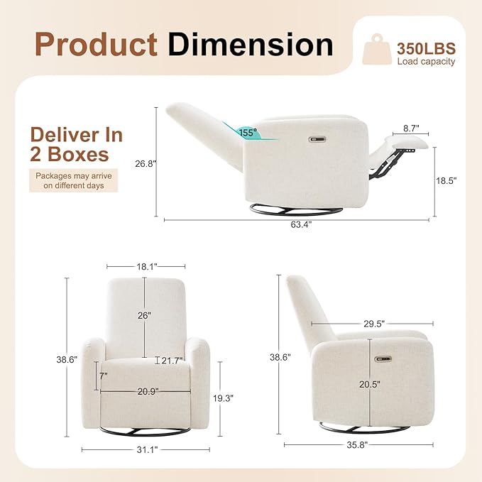 Nursery Rocking Chairs, 270° Large Power Swivel Glider Rocker Recliner w/USB & Type-C Charging Port, Rotating Rocking Reclining Nursing Chair for Breastfeeding, Living Room,Bedroom,Beige