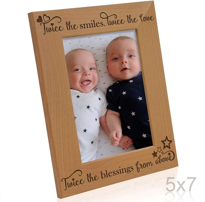 KATE POSH - Twice The Smiles, Twice The Love, Twice The Blessings from Above - Engraved Natural Wood Photo Frame - Twins Picture Frame, Twins Gifts for Babies, Twins Gifts for mom (5x7-Vertical)