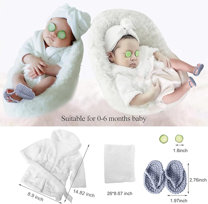 SPOKKI Newborn Photography Props Baby Girl 5 PCS Bathrobes Bath Towel Outfit with Slippers Cucumber Photo Props for Infant Boys Girls(0-6 Months)