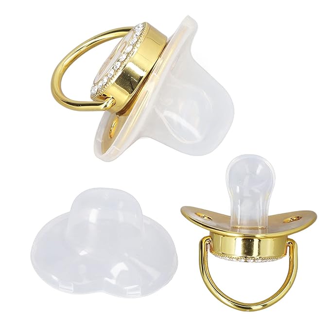 Golden Letter Personalized Baby Pacifier with Bling Design, Clips, Anti-Dust Cover for Newborn Photography, White