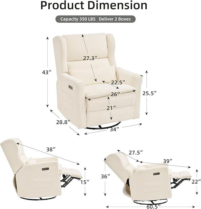 Oversized Swivel Rocker Recliner Chair, 26" Extra Wide Glider Nursery Chair with Adjustable Headrest, Chenille Power Recliner Rocking with Double Cushion, Cup Holder, White