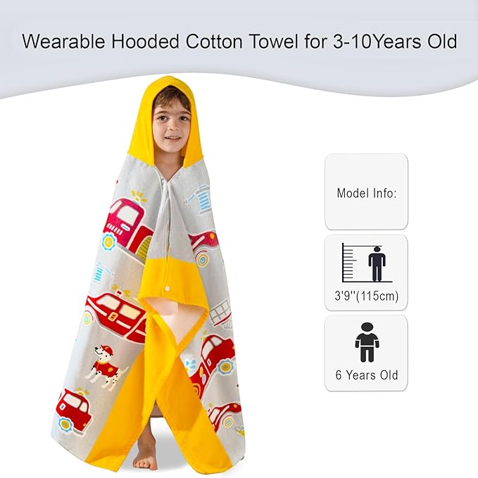 VOOVA & MOVAS Kids Bath Towels for Boys, Ages 3-10, 30''X50, | Soft Thick Absorbent Cotton, Beach | Pool | Bath Hooded Towels, Yellow Fire Truck