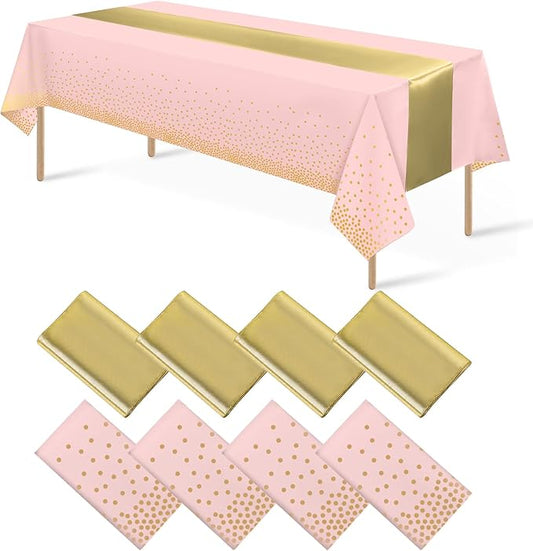 8Pack Disposable Plastic Tablecloths and Satin Table Runner Set Pink and Gold Dot Tablecloth Gold Satin Table Runner for Wedding Birthday Baby Shower Anniversary Christmas New Year Party Supplies