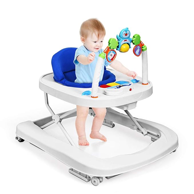 HONEY JOY Baby Walker, Foldable Push Walker Toy-Seated & Walk-Behind with Wheels, Interactive Piano & Pedants, Adjustable Height & & Speed, Padded Seat, Baby Walkers for Boys Girls(Blue)