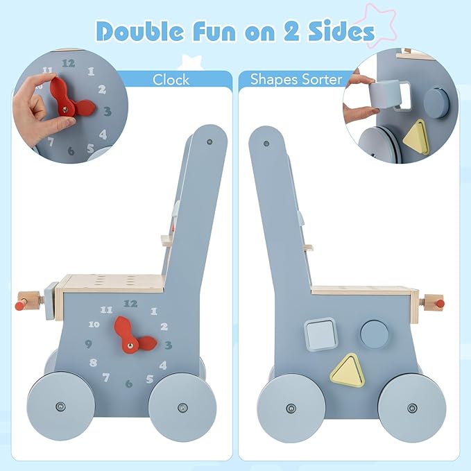 HONEY JOY Baby Push Walker, Wooden Toy Tool Bench & Activity Walker w/Shape Sorter, Develop Motor Skills & Creativity, Push Toys for Babies Learning to Walk, Gift for Boys and Girls, Blue