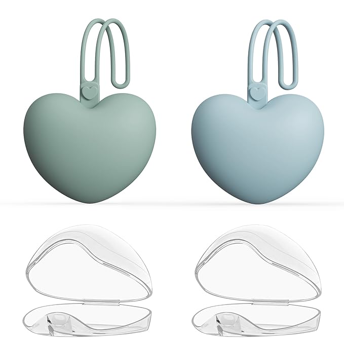 4pcs Pacifier Holder Case Set, 2pcs Silicone Portable Pacifier Pouch and 2pcs Transparent Pacifier Storage Container, Cute Heart Shape Pacifier Storage Case for Newborn Baby(Green+Blue)