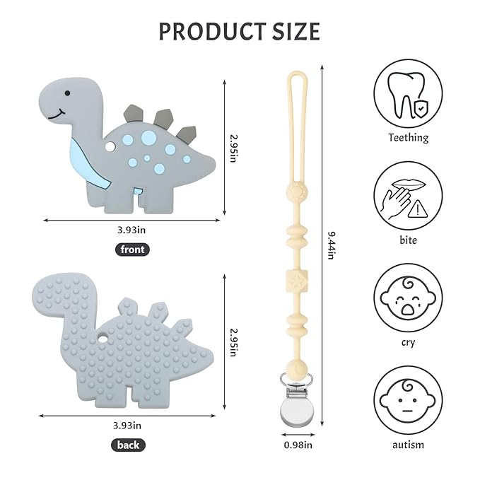 Baby Teething Toys for Babies, Dinosaur Teether Pain Relief Toy with One Piece Design Pacifier Clip Holder Set, Freezer Safe Neutral Shower Gift for Boys and Girls (Gray)
