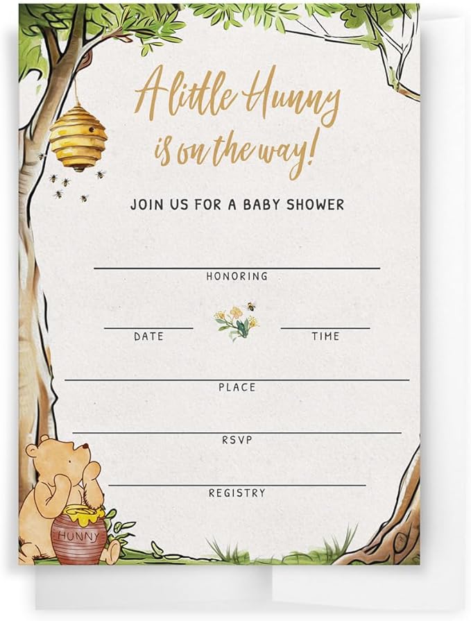 Printed Party Winnie Baby Shower Invitations with Envelopes – Classic Pooh Theme, Gender Neutral Storybook Design for Baby Boy or Girl, Set of 30
