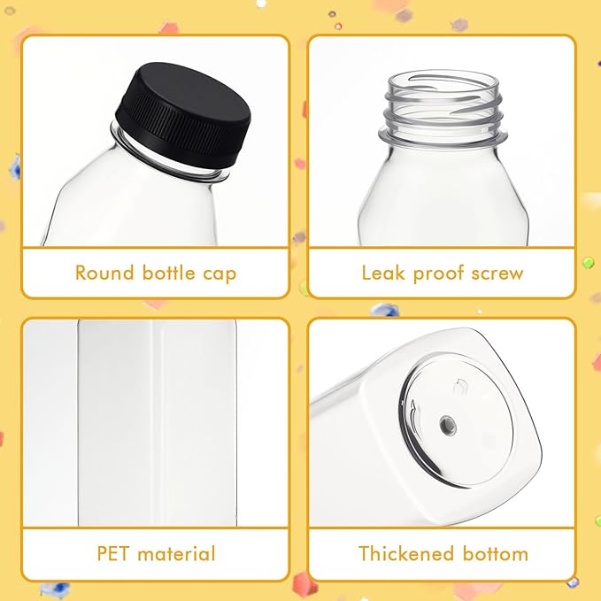 Honeydak 24 Pcs Empty Sensory Bottles Bulk with Black Lids 10 oz / 300 ml Clear Plastic Reusable Leakproof Juice Bottles Drink Container for Sensory Crafts Handmade Beverages Storage (Square)