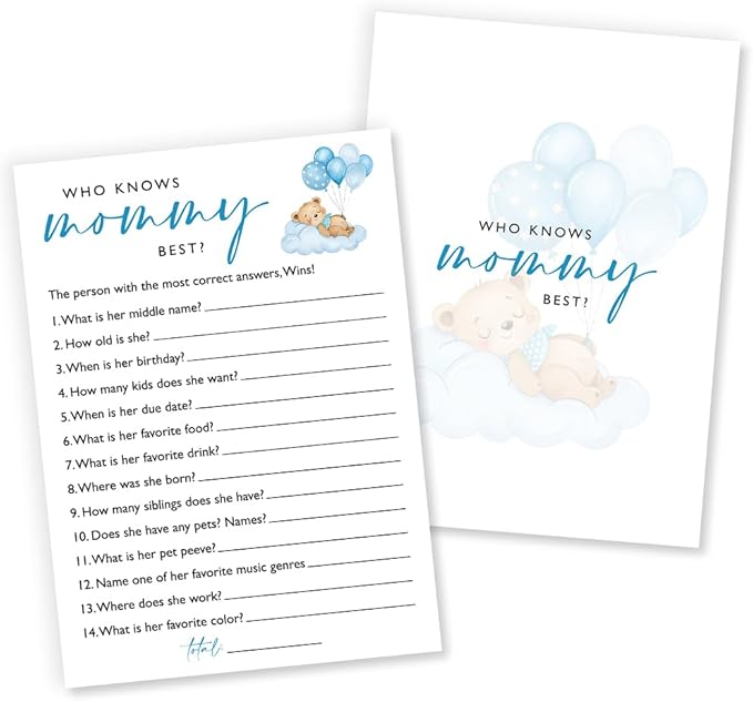 Who Knows Mommy Best Baby Shower Game, 25 Double-Sided Blue Bear Games for Boys, Interactive Baby Boy Party Supplies, Baby Boy Celebrations - B01