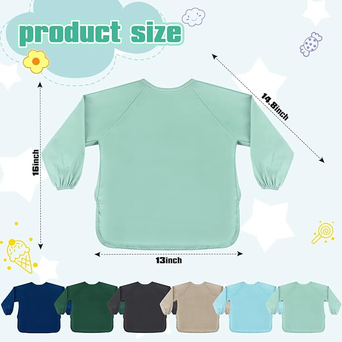 Jeyiour 6 Pack Long Sleeve Baby Bibs Mess Proof Bib Washable Feeding Bib Waterproof Smock Bib for Infant Toddler 6-24 Months