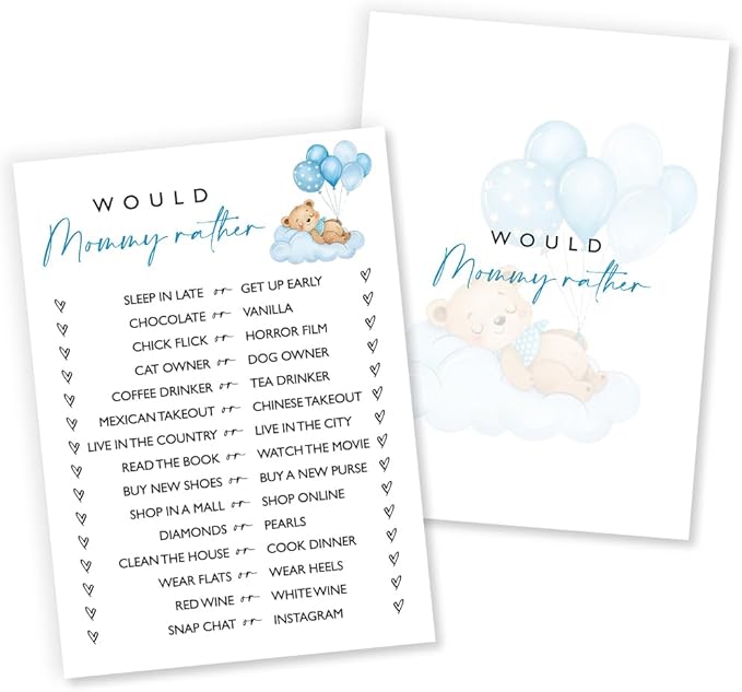 Would Mommy Rather Baby Shower Game, 25 Double-Sided Blue Bear Games for Boys, Interactive Baby Boy Party Supplies, Baby Boy Celebrations - B03