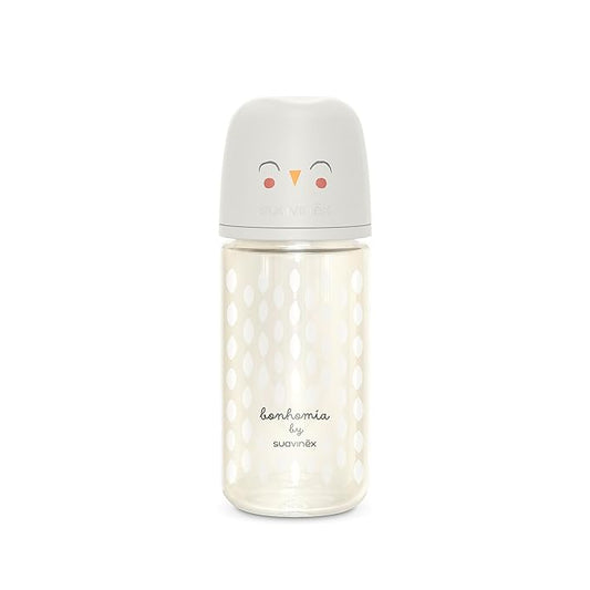 Suavinex Bonhomia Glass Baby Bottle with SX PRO Silicone Nipple, Anti Colic Baby Bottles, Baby Bottles for Breastfed Babies, Medium Flow, 3mo, 8oz, Beige