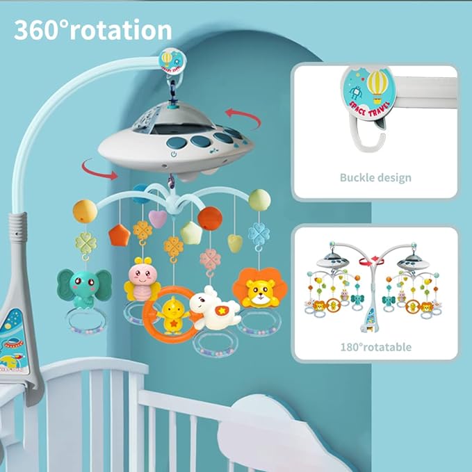 Baby Musical Crib Mobile with Night Lights and Relaxing Music,Hanging Rotating Animals Rattles,Stars Projection,Remote Control,for Boy Girl Newborn Baby Toys(Blue)