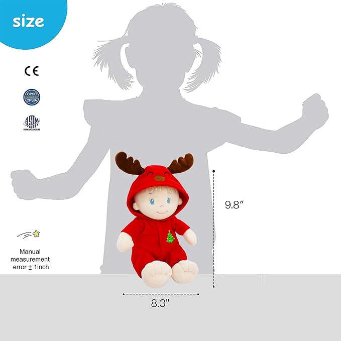 June Garden 12" Sweet Dolly Dasher - Stuffed Ultra Soft Baby Reindeer Doll for Birth and Up - Removable Red Outfit