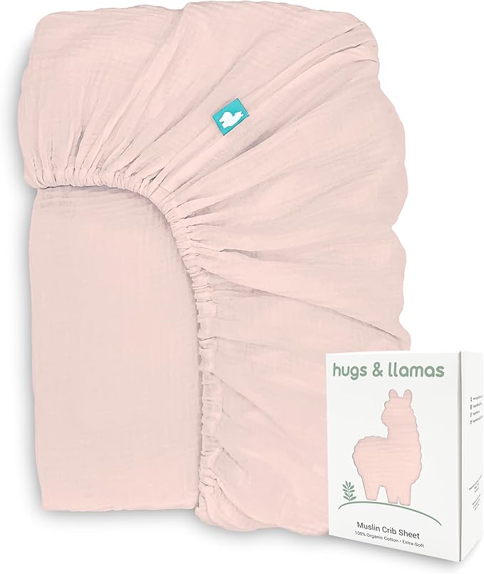 Hugs & Llamas | 100% Organic Cotton Muslin Fitted Crib Sheet - Baby Crib Sheets for Boys & Girls - Neutral (Cotton Candy)