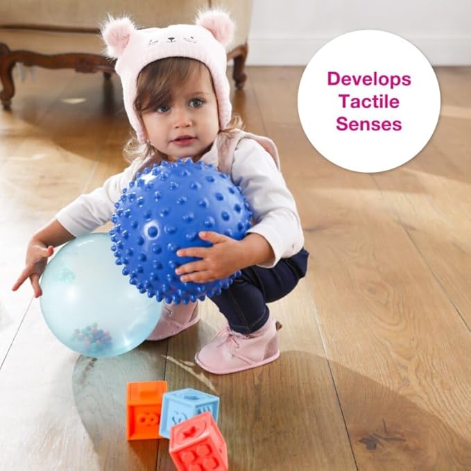 Edushape Rainbow Soft Sensory Ball for Baby and Toddlers - 7" Multi-Color Mini Noisemaker with Colorful Beads Inside - Fine Motor Skills Development
