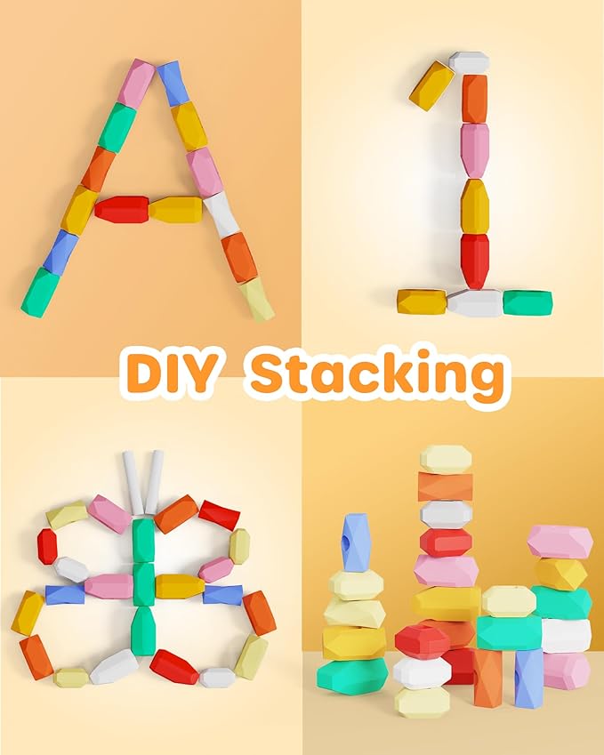 D-FantiX 39 PCS Silicone Sorting Stacking Rocks Stones, Sensory Learning Montessori Toys for 3 4 5 6 Year Old Kids, Educational Stacking Toys Building Blocks for Toddlers