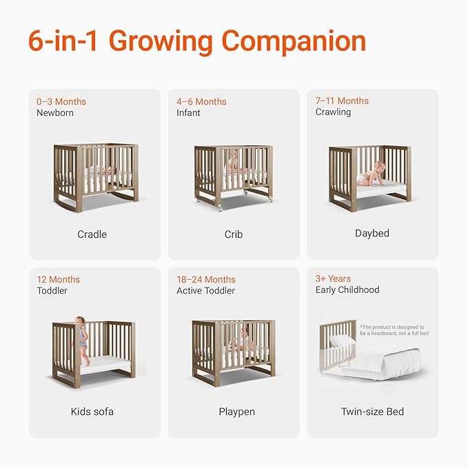 EvoNest Baby Crib, 6 in 1 Convertible Mini Crib with Wheels, 100% New Zealand Wood Growing Bed, 4 Adjustable Mattress Height,Walnut Brown