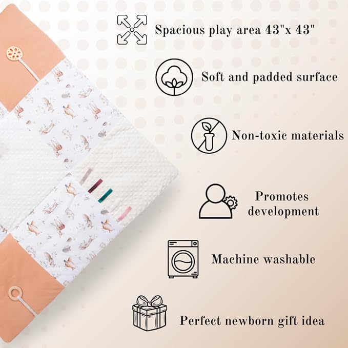 LILDUO Tummy Time Baby Play Mat for Floor | 43x43 | Non-Toxic Tummy Time Mat with 1.18 Inch Thickness and 5 Baby Sensory Toys - 100% Cotton Comfortable,Washable and Easy to Use Infant Essentials Gift