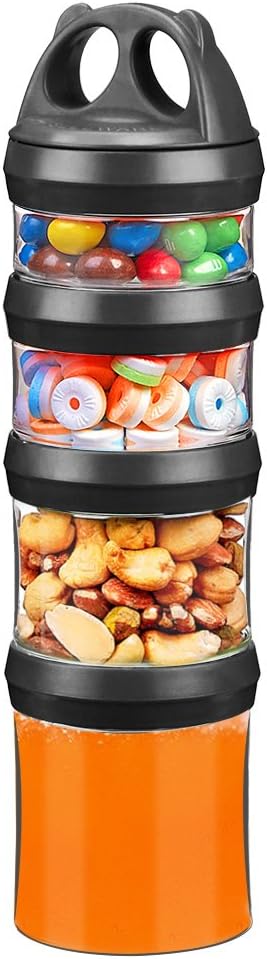 SELEWARE Portable Stackable Food Storage Containers for Snacks Formula Powder and Drinks Twist Lock System Airtight Leak-proof BPA and Phthalate Free 4 Piece Jars 31oz, Black