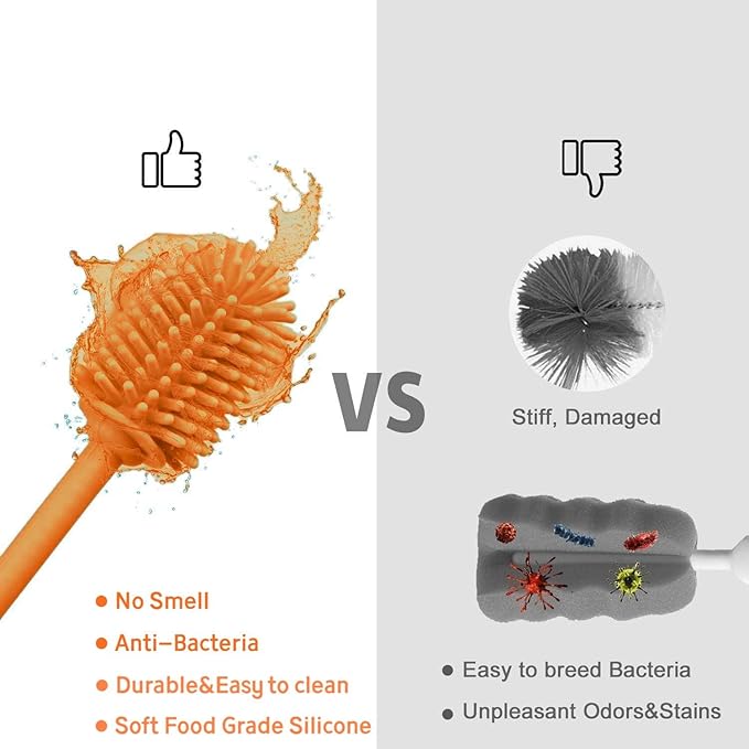 Silicone Bottle Brush Cleaner Set of 3,Long Handle Bottle Cleaning Brushes for Narrow Neck Containers, Water Bottles, Thermos, Hydro Flasks, Coffee Mugs,Baby Bottles (Orange Upgraded Version)
