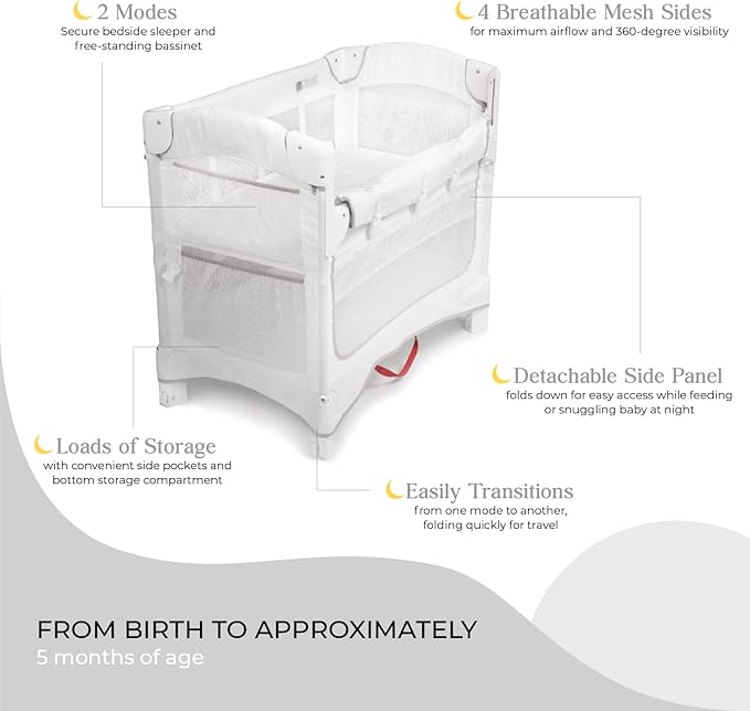 Arm’s Reach Mini Ezee 2 in 1 Co-Sleeper Bedside Bassinet Featuring Breathable Mesh Side Panels with 2 Wheels for Portability, Side Pockets, and Bottom Storage, White