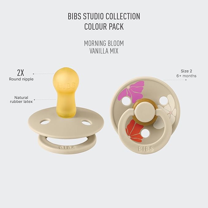BIBS Pacifiers - Colour Studio 2 Pack | Round Nipple Baby Pacifier | BPA Free Natural Rubber Latex Soother | Made in Denmark | Size 6+ Months | Morning Bloom Vanilla