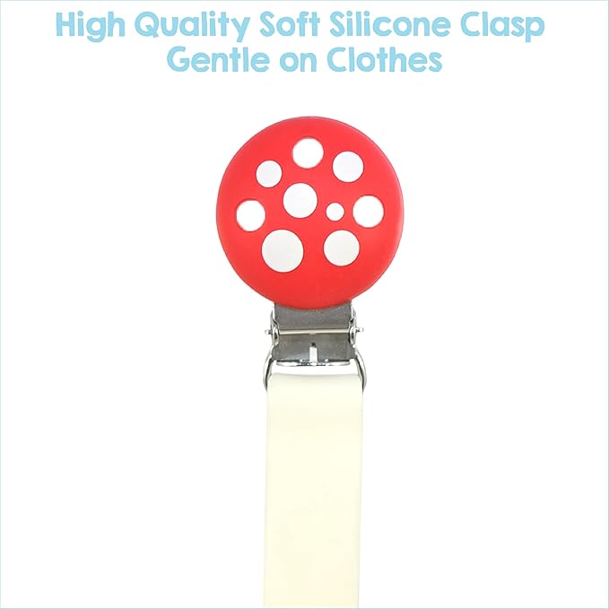RaZbaby Chompy Silicone Pacifier Holder Clip Set – 2 Pack Textured, Soft & Flexible Binky Clips with Universal Fit, BPA-Free, Durable & Lightweight for Babies 0M+, Red/Green – 2 Pack (Red/Blue)