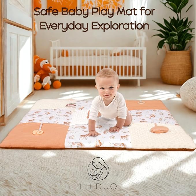 LILDUO Tummy Time Baby Play Mat for Floor | 43x43 | Non-Toxic Tummy Time Mat with 1.18 Inch Thickness and 5 Baby Sensory Toys - 100% Cotton Comfortable,Washable and Easy to Use Infant Essentials Gift