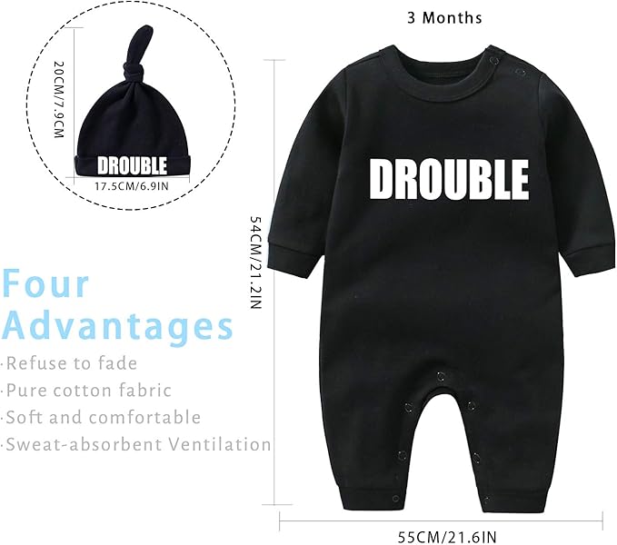 YSCULBUTOL Baby Twins Bodysuits Funny Double Trouble Cute Girl Romper Twin Jumpsuits Hat Set