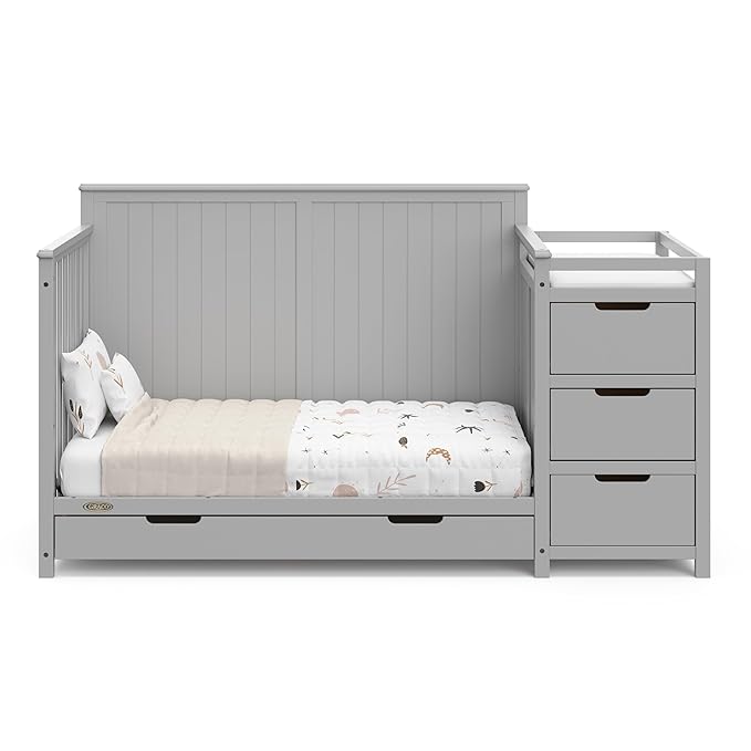Graco Hadley All-in-One Convertible Crib & Changer (Pebble Gray) – GREENGUARD Gold Certified, Fits Standard Crib Mattress, Converts to Toddler Bed and Full Bed, 4 Adjustable Mattress Heights