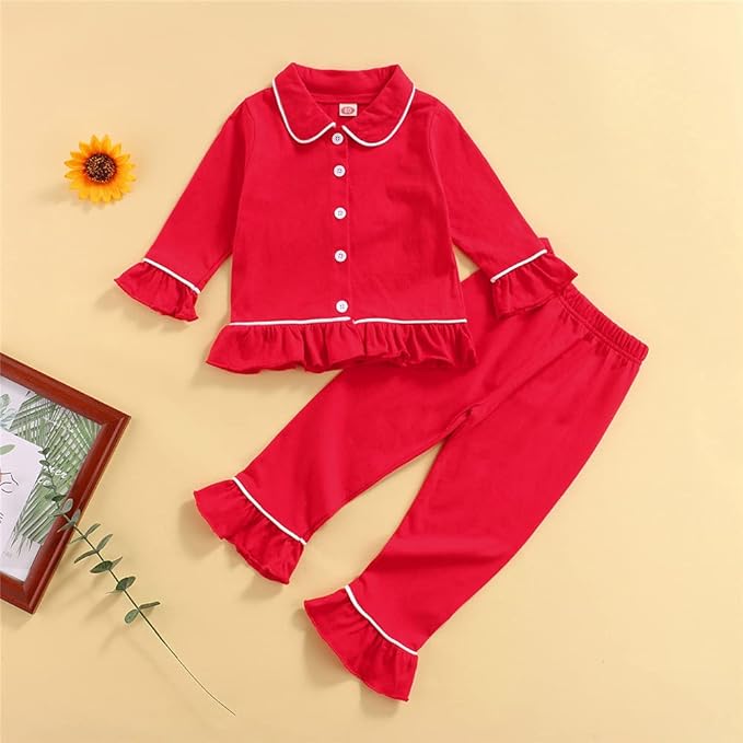 Toddler Kids Baby Girl Solid Pjs Ruffle Long Sleeve Button Shirt Top and Pants Cotton 2Piece Pajamas Set