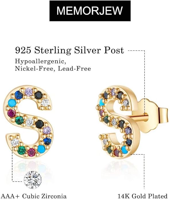 Memorjew Initial Stud Earrings for Women, Hypoallergenic 925 Sterling Silver Post Rainbow Cubic Zirconia Gold Plated 26 Initial Earrings for Women Jewelry Gifts