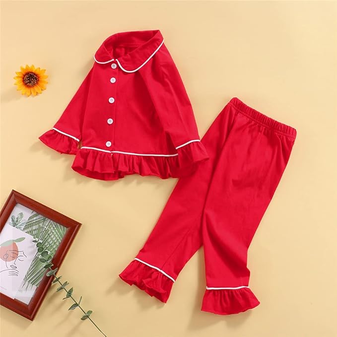 Toddler Kids Baby Girl Solid Pjs Ruffle Long Sleeve Button Shirt Top and Pants Cotton 2Piece Pajamas Set