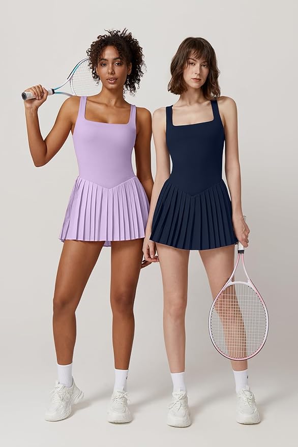 QINSEN Womens Square Neck Tennis Dress Pleated Sleeveless Built in Shorts Golf Athletic Dress with Pockets