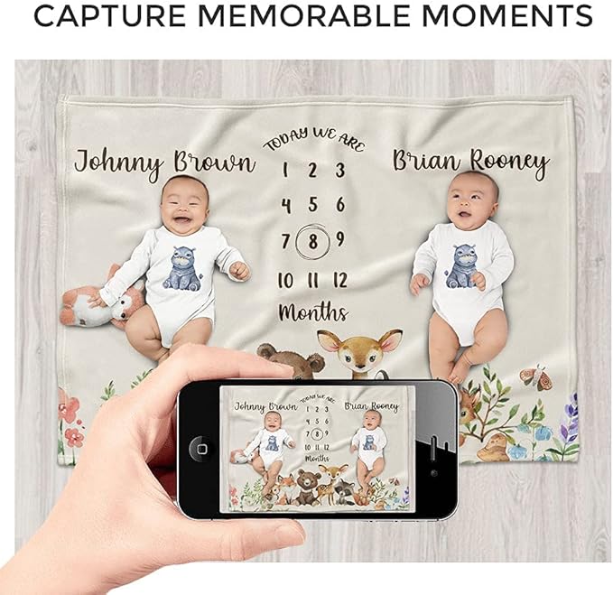 MDPrints Personalized Twin Milestone Blanket, Custom Monthly Baby Blankets with Name for Boys and Girls, 30x40 & 50x60inch Soft Plush Fleece (Brown)